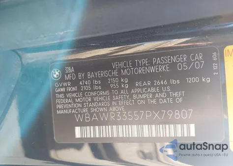 2007 BMW 328I z USA, uszkodzony, nr VIN WBAWR33557PX79807